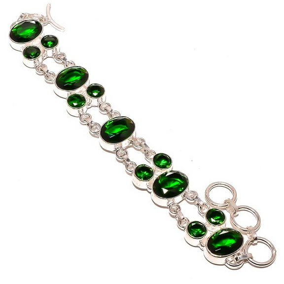 Emerald Quartz (Simulated) 925 Silver Plated Ethnic Bracelet 7-7.99" TB0-104, Valentine's Day Gift, Birthday Gift, Beautiful Jewelry For Woman & Girls