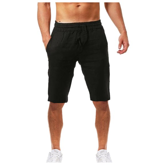 RYRJJ Mens Cotton Linen Shorts Casual Drawstring Summer Workout Yoga Beach Shorts with Elastic Waist and Pockets(Black,L)