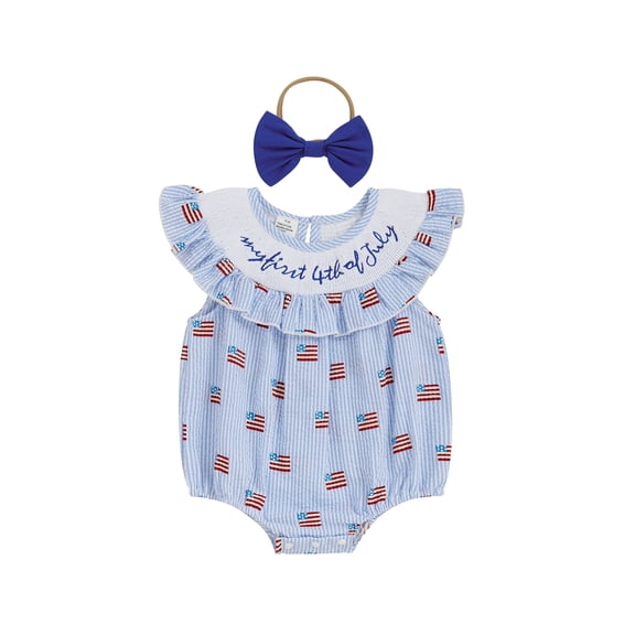 Loicainy Baby Toddler Girls 4th of July Romper 3 6 12 18 Months Casual Flag Stripe Print Fly Sleeves Jumpsuit and Headband Set Summer Clothes