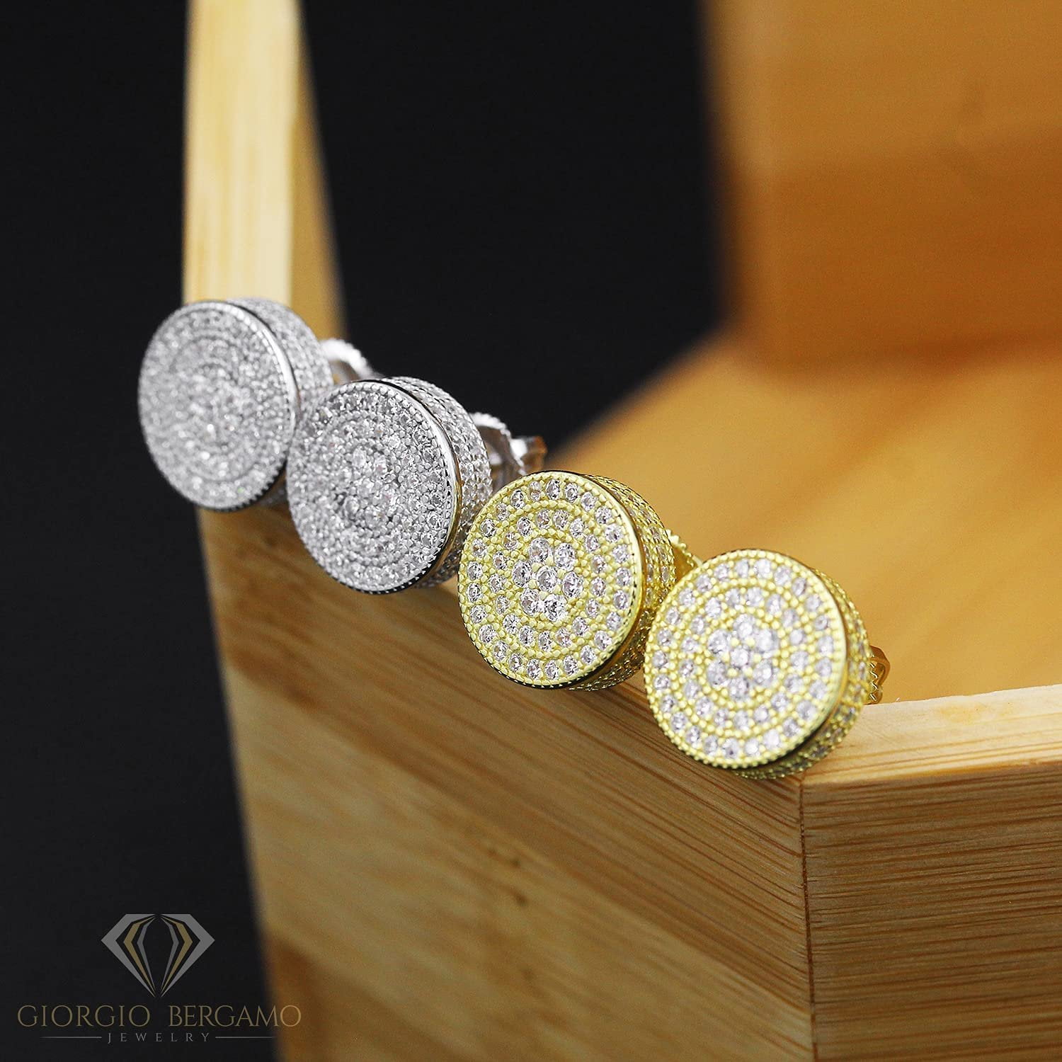 925 Sterling Silver Unisex Round Disc Screw Back Stud Earring, Men's, Women, Gold Plated Micro Pave CZ Cubic Zirconia, Giorgio Bergamo Gold