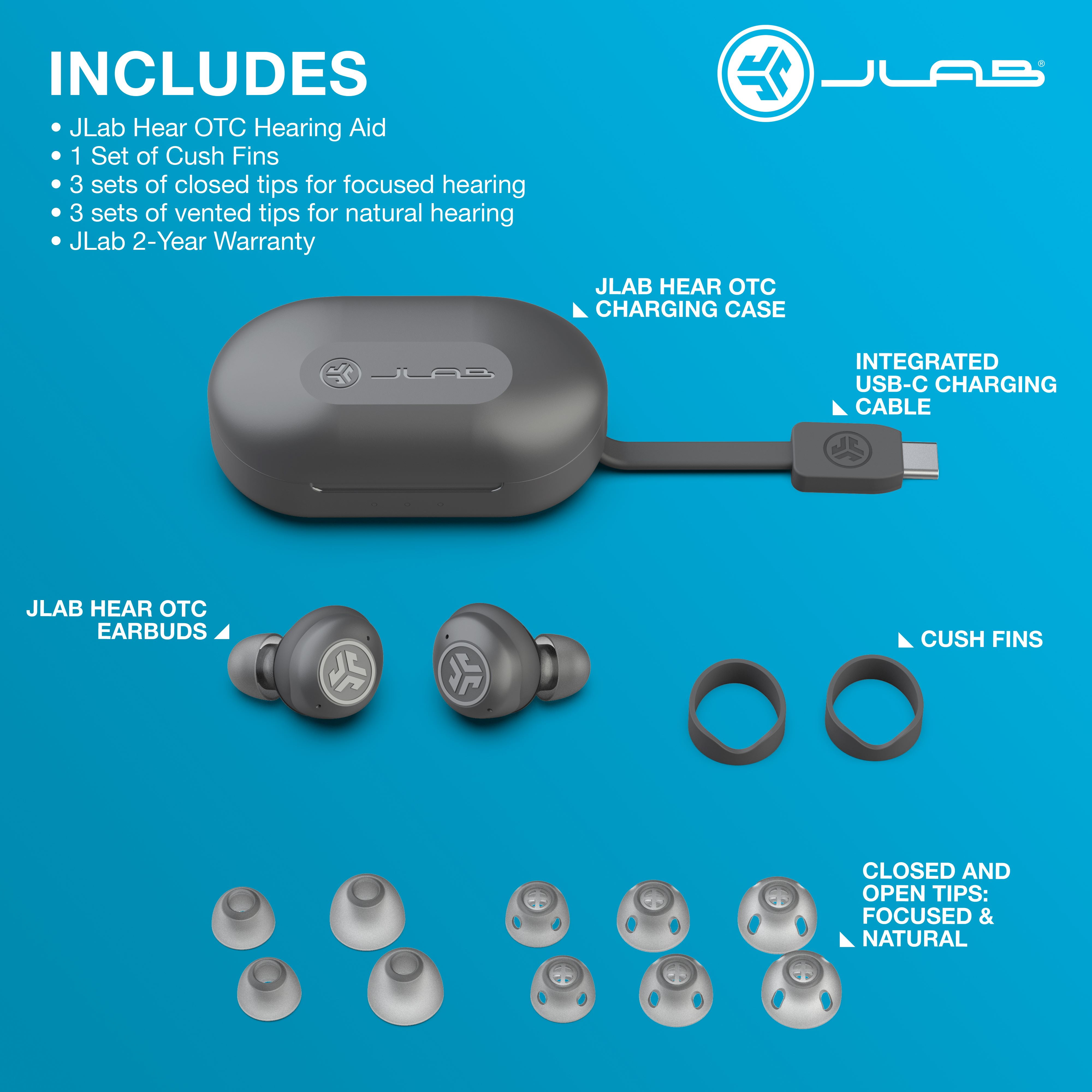JLab Hear OTC Hearing Aid & Wireless Earbuds with Bluetooth 5.3, Android/iOS, Graphite