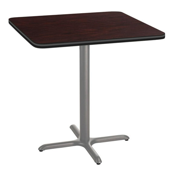36" Square Cafe Table With "X" Base, 36" Height, Particleboard Core T-Mold, Mahogany Top, Grey Frame