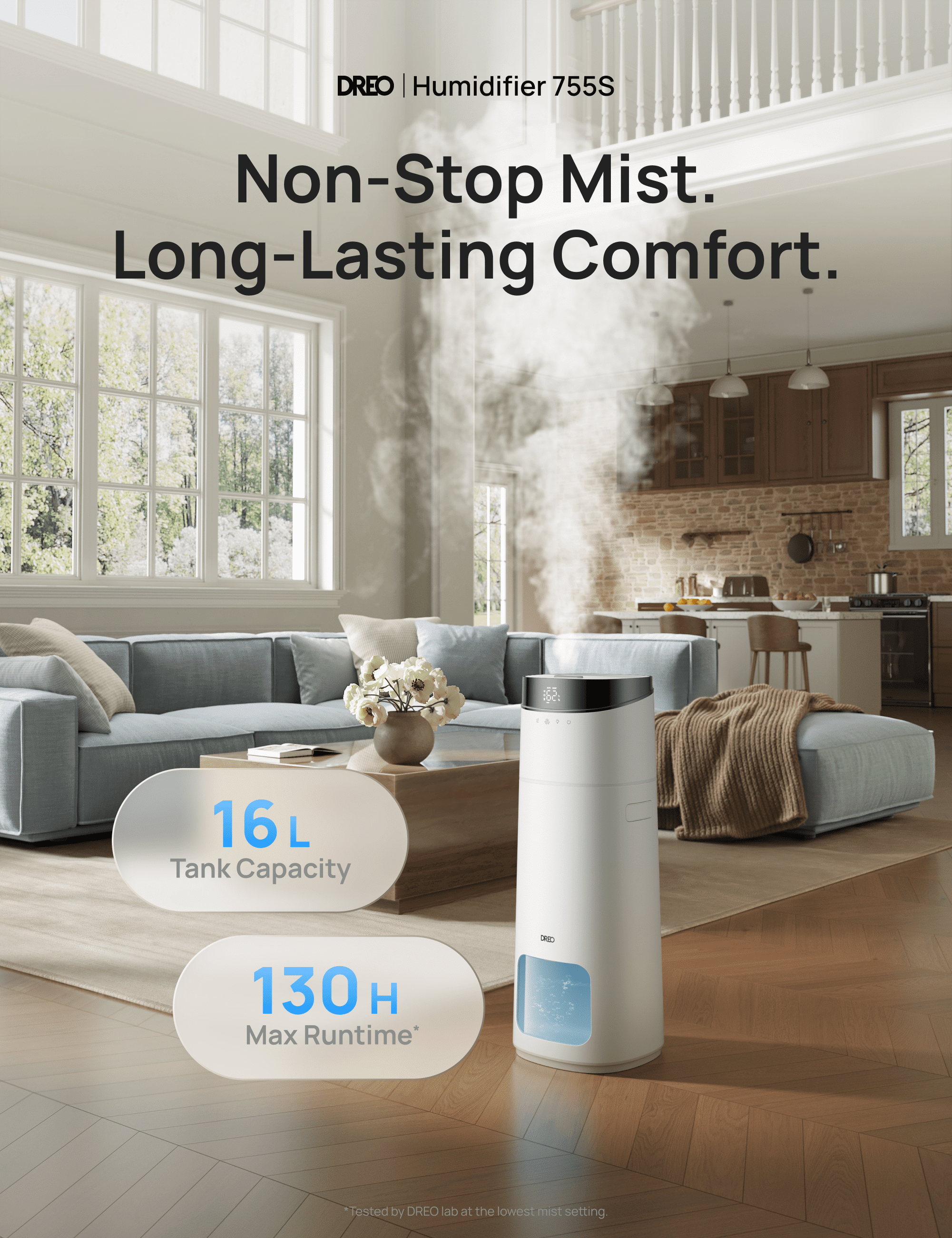 DREO 16L Smart Humidifier Large Room 1000 ft², 130H Cool Mist Humidifiers for Bedroom Plants Baby, Top Fill, Remote/Touch/Voice & APP Control, Self-Cleaning Tank, 30dB, RGB Light, HM755S White