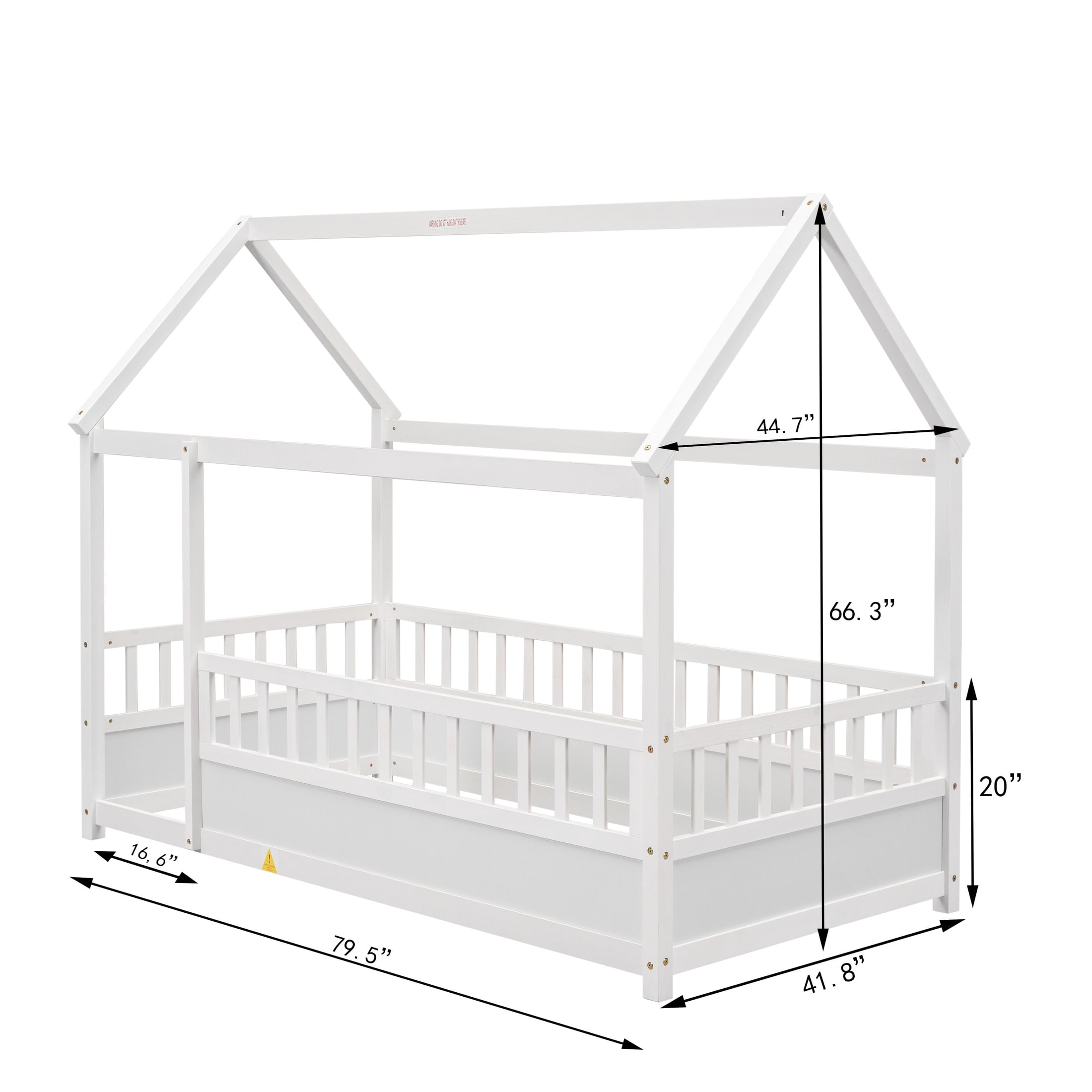 Noble House Twin Size Floor Bed with House Roof Frame and 20" Safety Guardrails, White