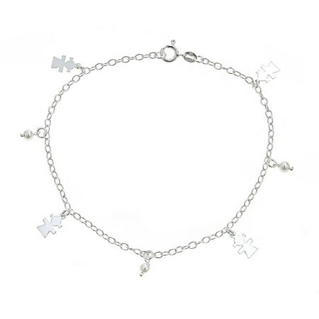 Pori Jewelers 925 Sterling Silver Rolo Chain Anklet with Dangling Girl and Freshwater Pearl Charms