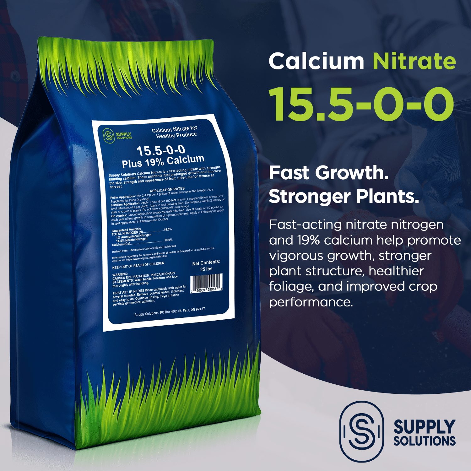 Supply Solutions Calcium Nitrate 15.5-0-0 + 19% Ca | Fast-Acting Water Soluble Fertilizer Prevents Blossom End Rot - Boosts Growth & Yield for Vegetables, Fruit, Gardens & Hydroponics (25 Pounds)
