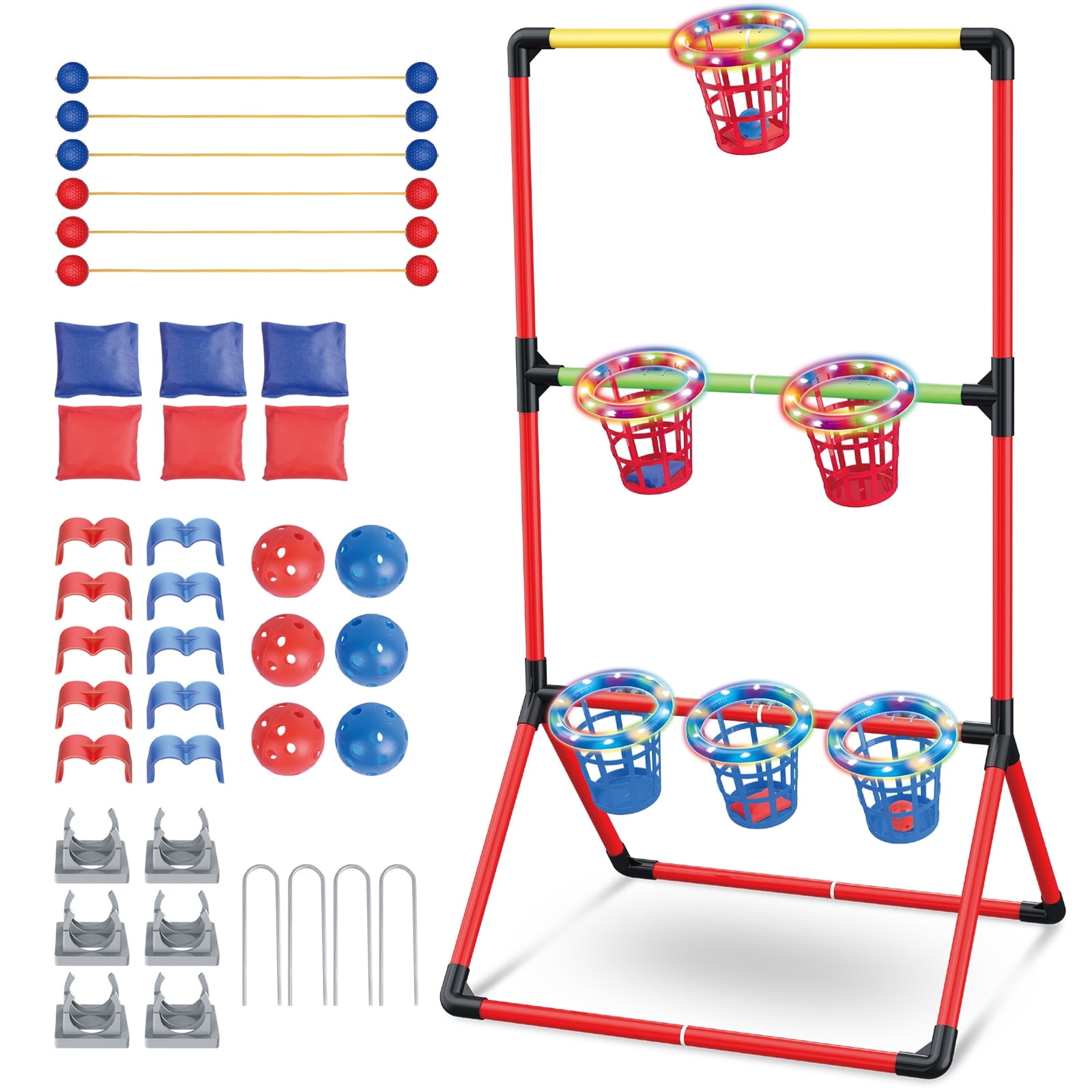 Yard Games Sets for Kids Adults, 3-in-1 Yard Pong with 6 Light Up Basket, Ladder Ball and Bean Bag Toss Game, Outdoor Backyard Lawn Games for Family Fun