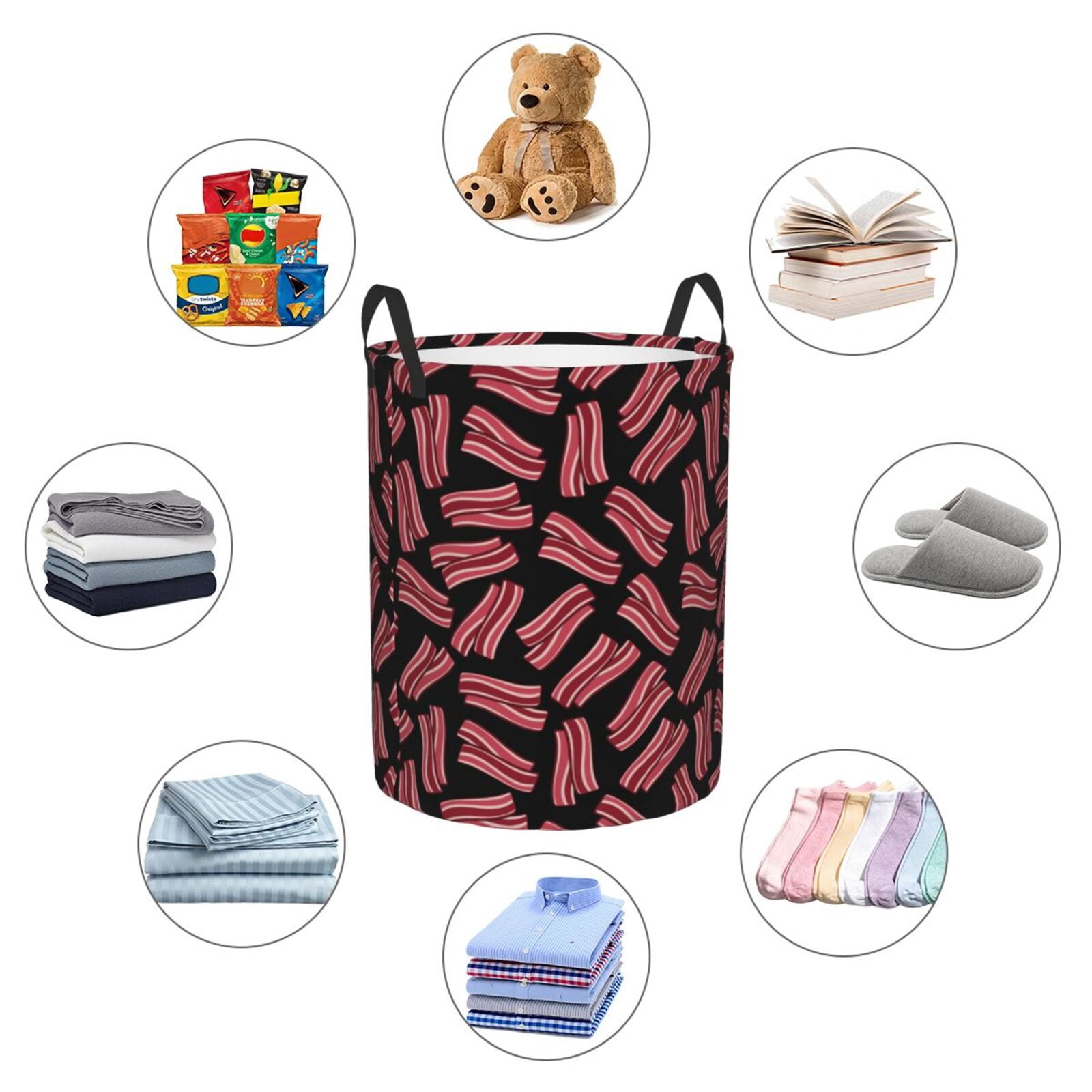 Large Laundry Basket with Handles - Bacon Print Black Kids Baby Dirty Clothes Laundry Hamper for Bedroom Aesthetic