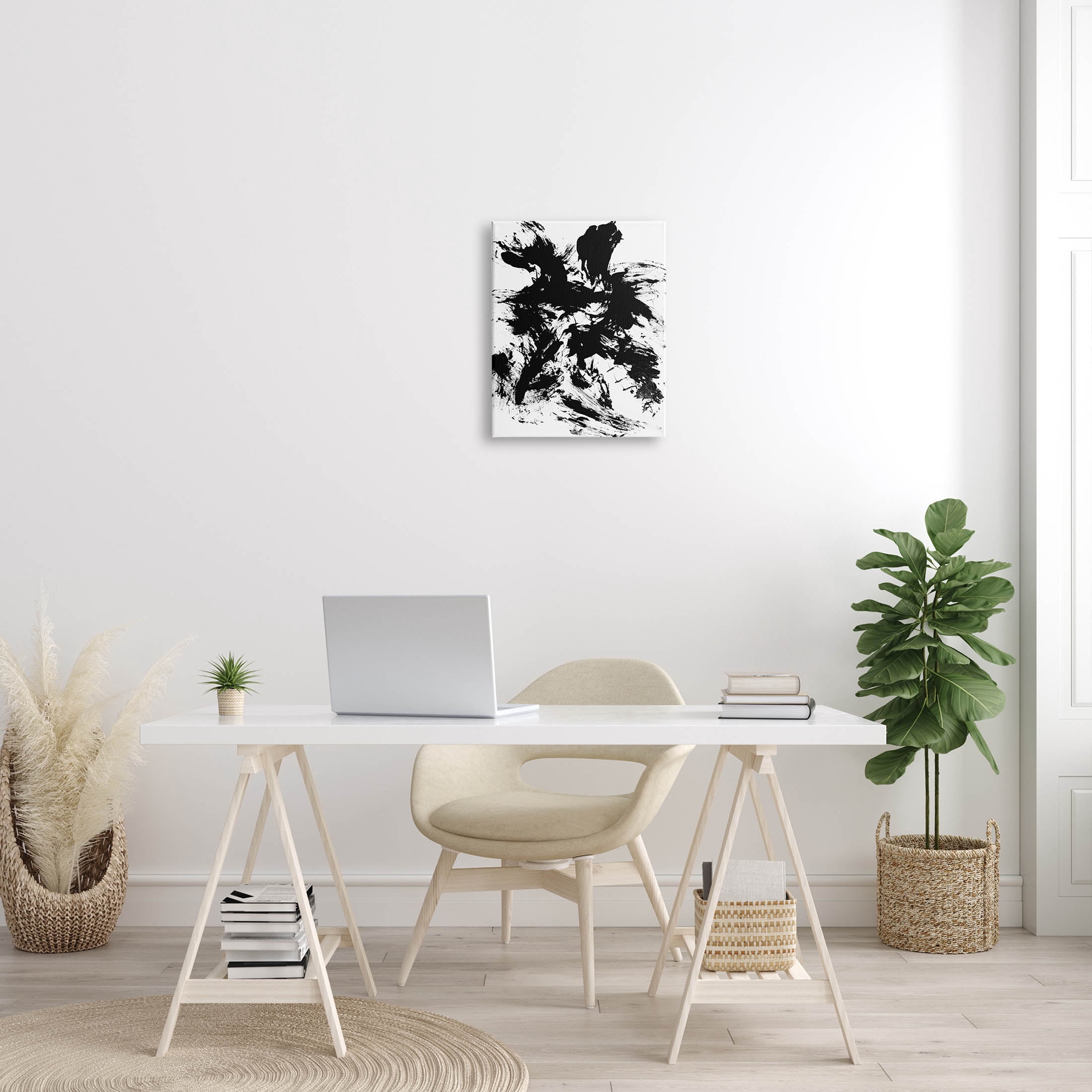 Contemporary Black Ink Strokes Abstract Graphic Art Gallery Wrapped Canvas Print Wall Art