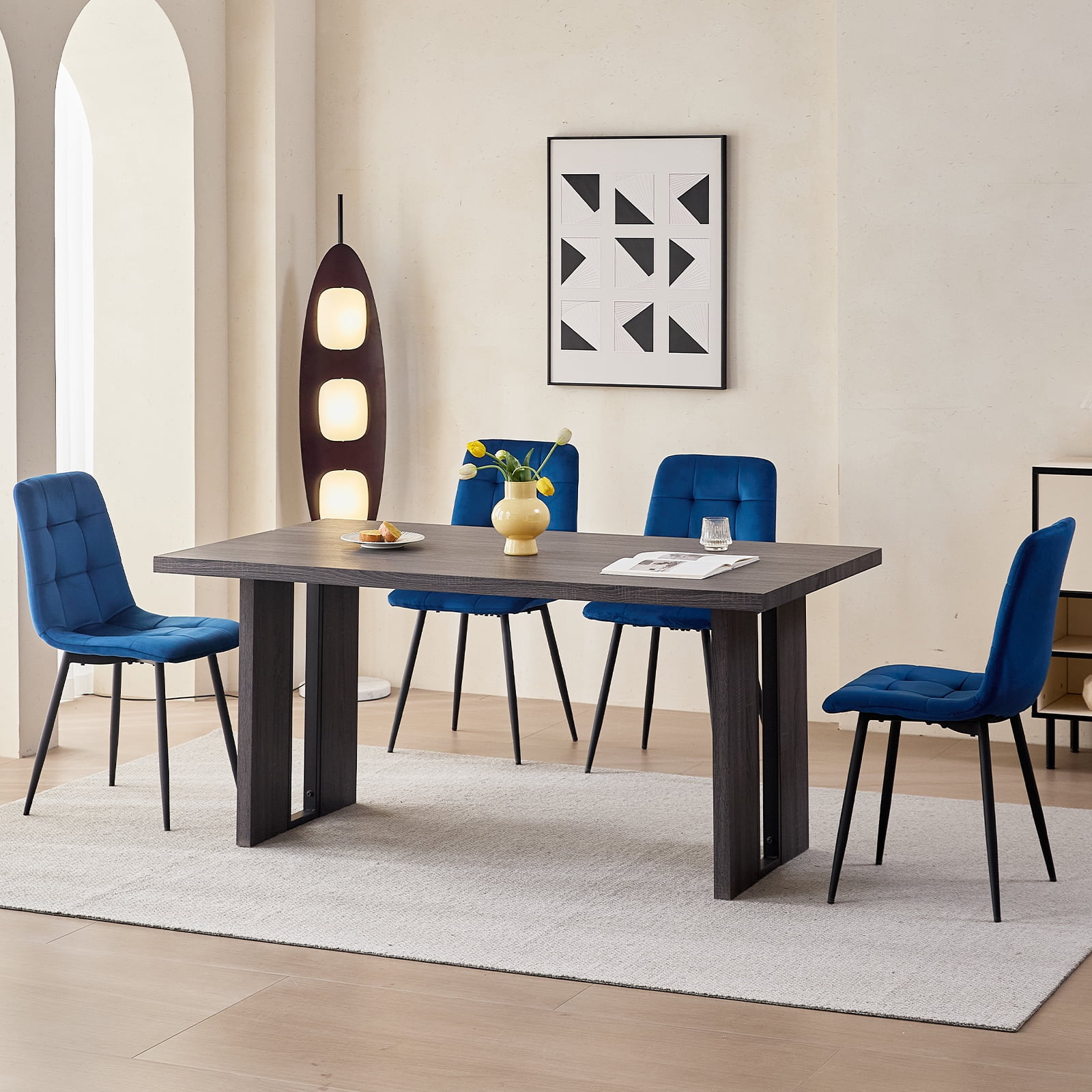 Set of 4 Velvet Dining Chairs - Mid Century Modern Dinning Chair, Upholstered Cushion Seat, Square-Patterned Backrest, Blue, Dinner Chairs with Metal Legs for Dining Living Room, Bedroom(Only Chairs)
