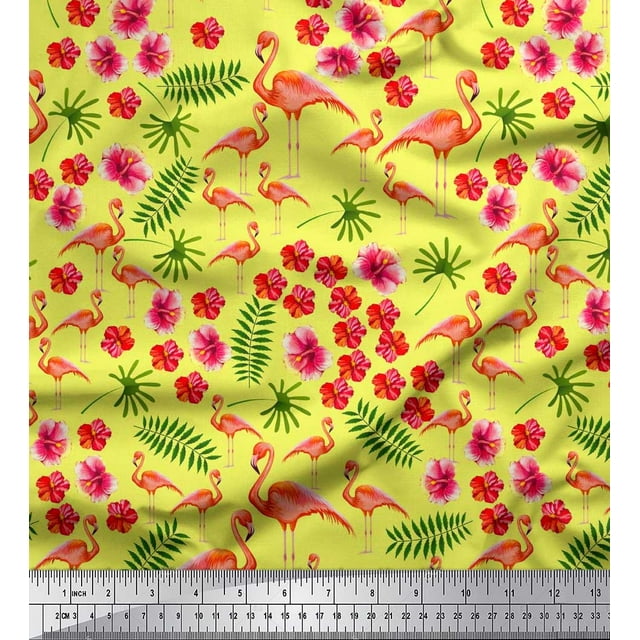 Soimoi Polyester Crepe Fabric Leaves,Aster & Begonia Floral Print Fabric by The Yard 42 Inch Wide