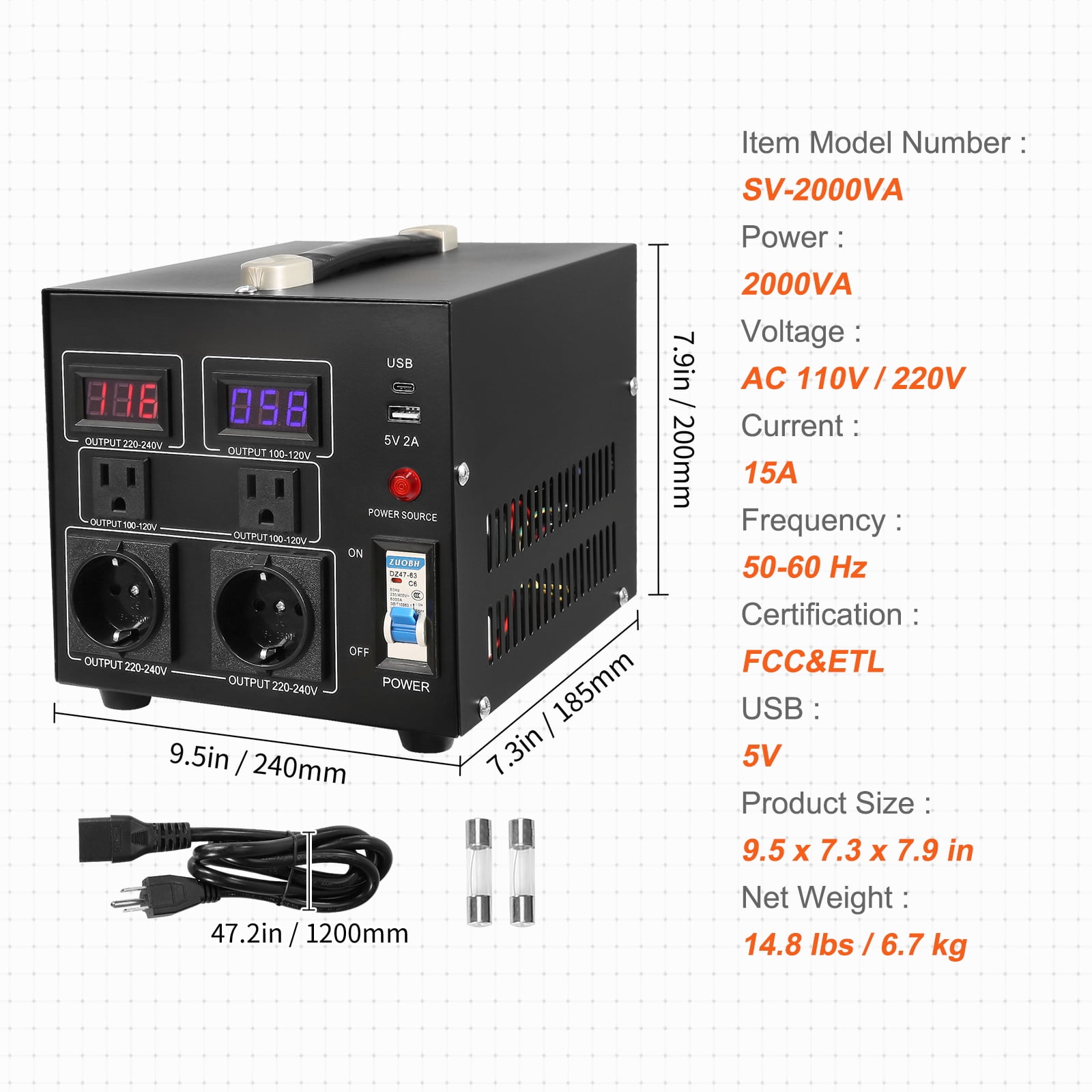 KFFKFF Power Converter, 2000W, Durable Step Up/Down Unit, Switches between 110V and 220V, Includes US and EU Outlets plus 5V USB Port, CE Approved
