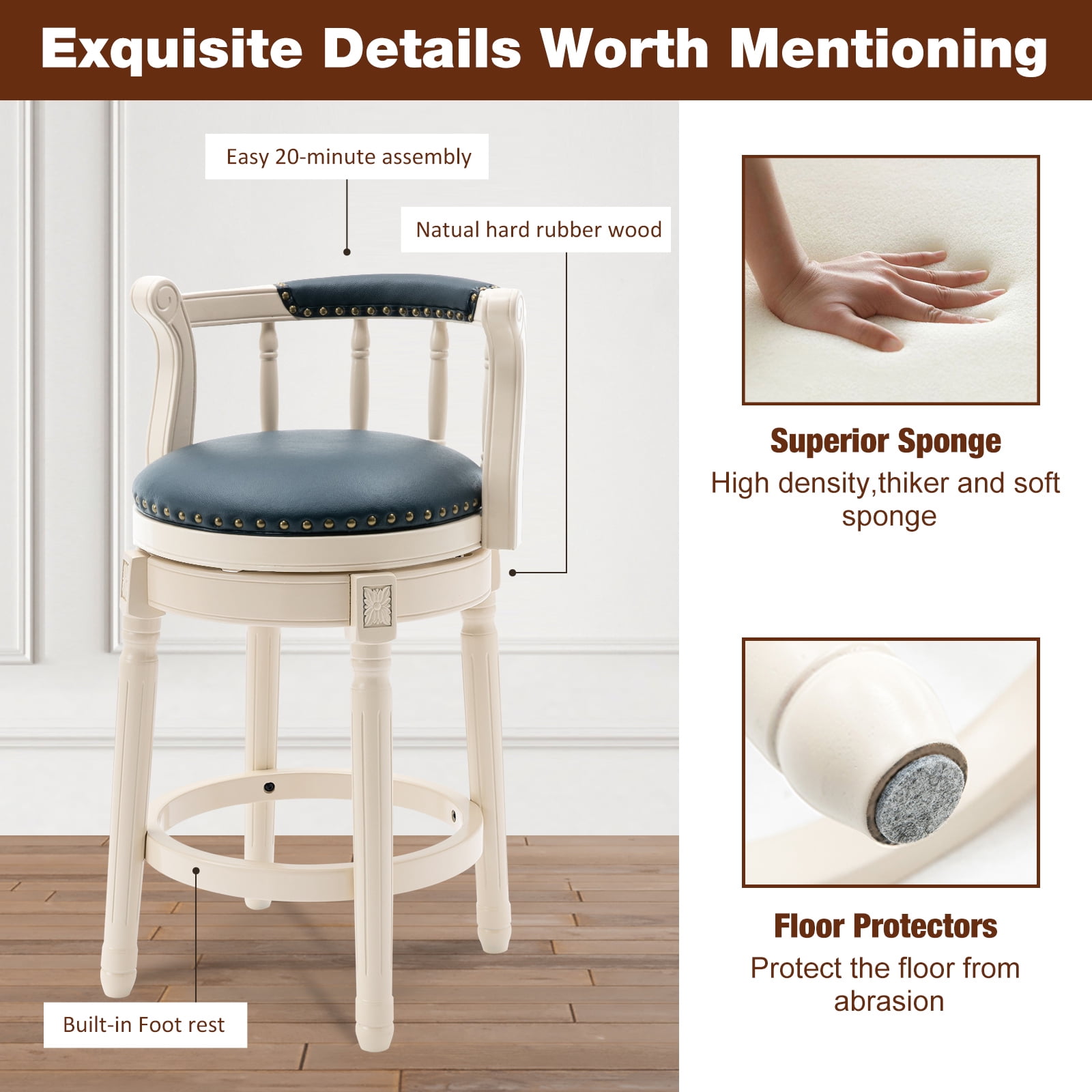 Aulife Bar Stools Genuine Leather Counter Height barstool Wooden Swivel kitchen Stool with Footrest for Kitchen Dining Room(ivory frame-Navy seat, Counter-26" seat height)