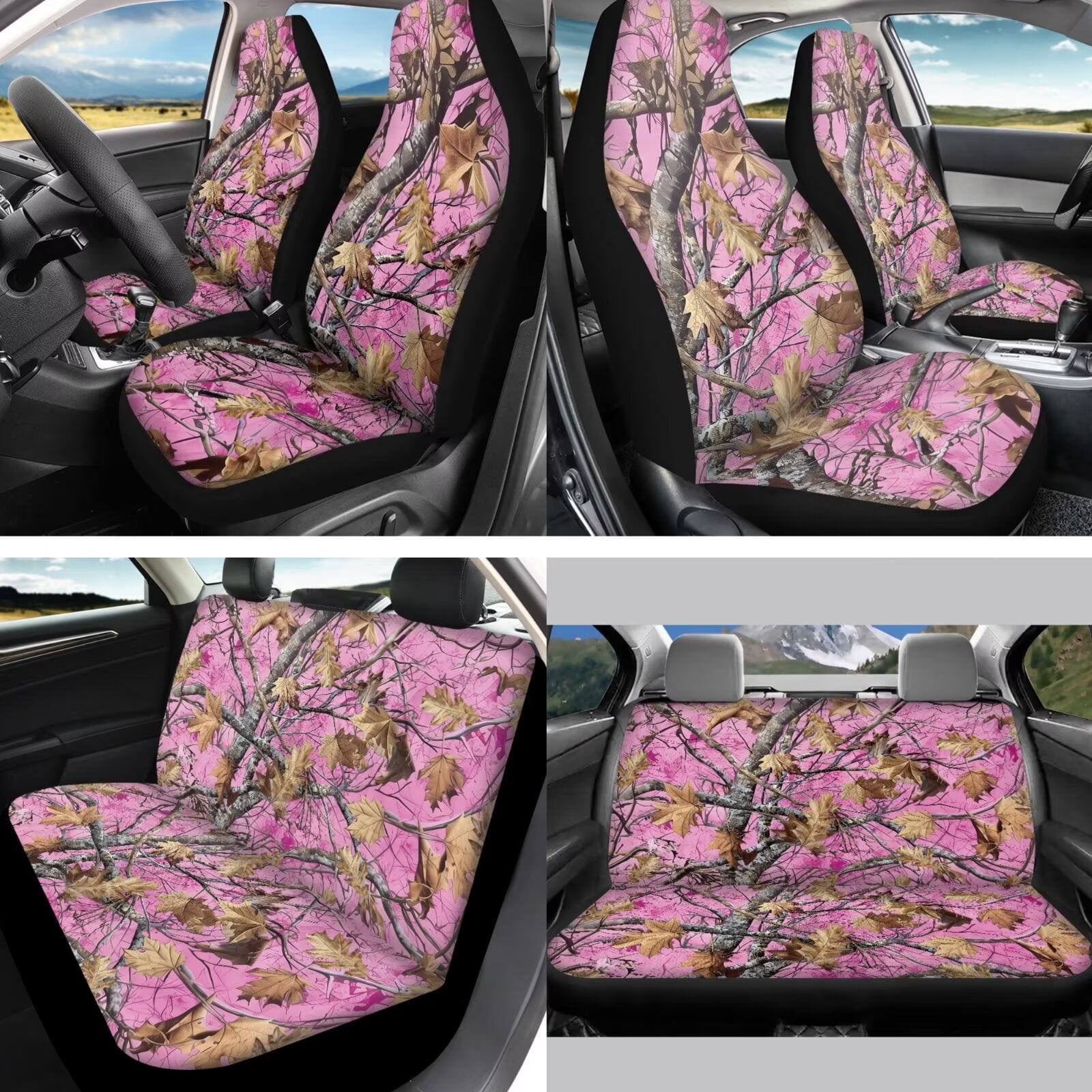 Jeiento 13 Pack Car Seat Cover Set for Front and Rear, Auto Interior Accessories Full Set for Women Men Car Seat Protective Covers Universal Fits for Most Vehicles, Pink Camo Oak Hunting Wood
