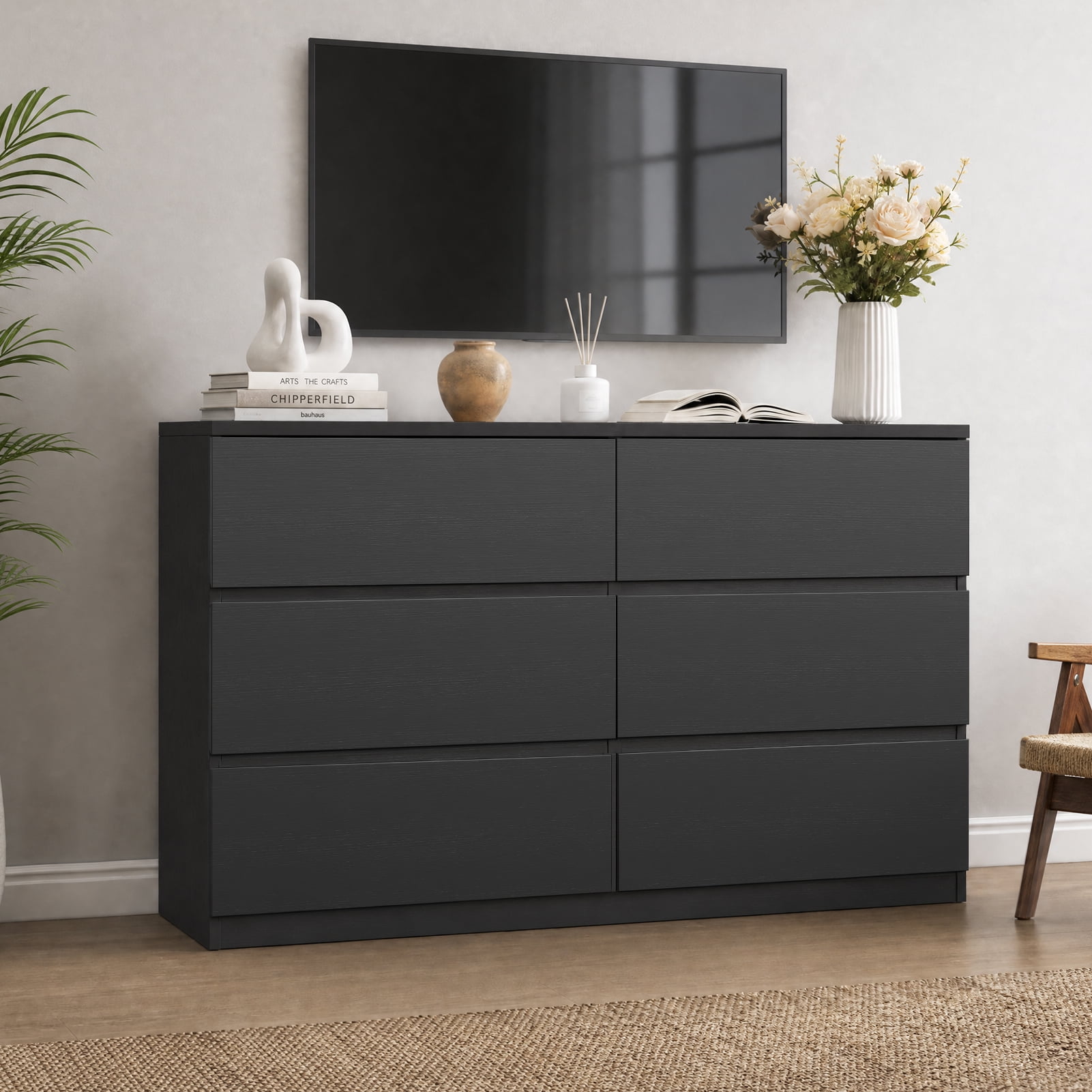 PYY Modern 6-Drawer Dresser for Bedroom – Tall Wooden Chest of Drawers with Deep Spacious Storage – Black Embossed