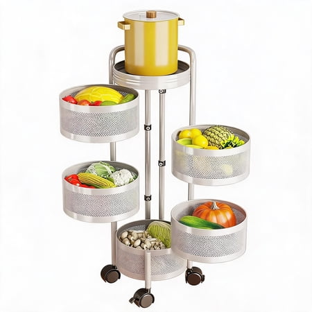 Rotating Kitchen Storage Cart Rolling Storage Cart – Carbon Steel Organizer with Lockable Wheels Mesh Baskets & Magnetic Closure – Detachable Washable Design for Fruits Vegetables – 5-Tier White