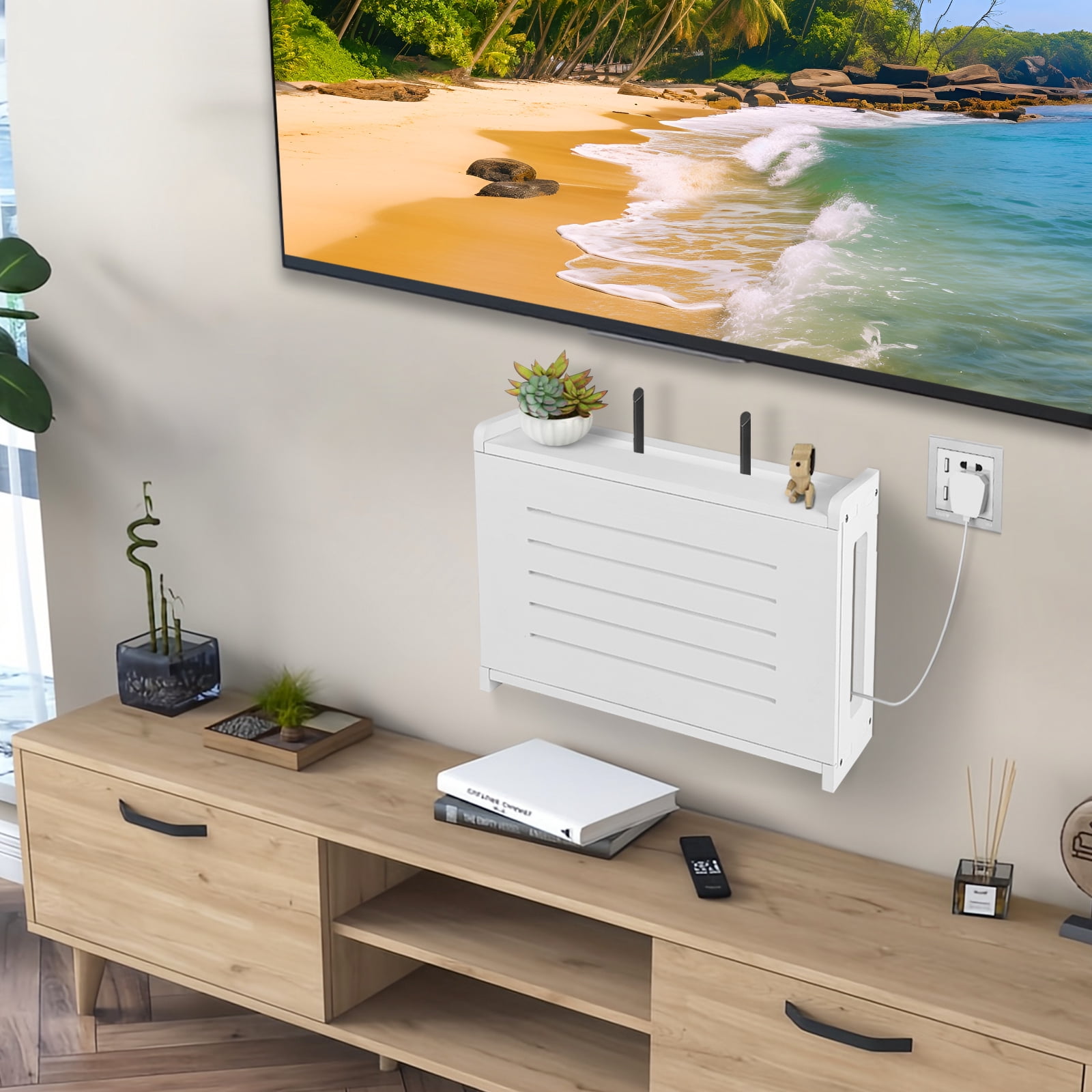 White Router Shelf Wall Mount WiFi Router Storage Box Modem Cable Router Cover Organized Power Strip Cable Management Hider Rack by Solid Wood