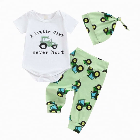 UngA Newborn Baby Boy Summer Clothes Farm Tractor Short Sleeve Romper Shirt Top Pants Hat Set Spring Outfits (Green,6-9 Months)