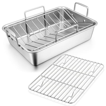 Roasting Pan, VeSteel 14 Inch Stainless Steel Turkey Roaster with Rack, Include Deep Lasagna Pan & V-Shaped Rack & Roasting Rack, Non-Toxic & Heavy Duty, Dishwasher Safe