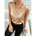 thumbnail image 5 of Women's Satin Contrast Lace V Neck Sleeveless Blouse Appliques Summer Tank Tops Champagne Color XXL, 5 of 7