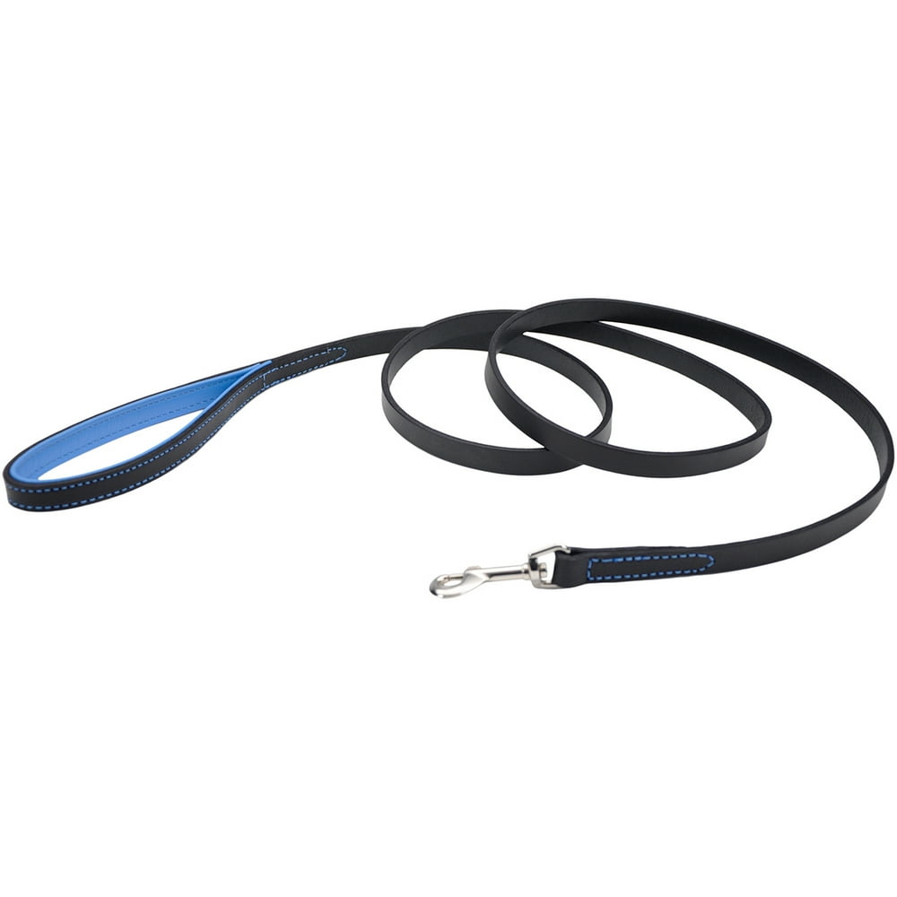 Circle T 5/8" Fashion Leather Padded Handle Dog Leash 6'Black W/ Blue Padded Handle and