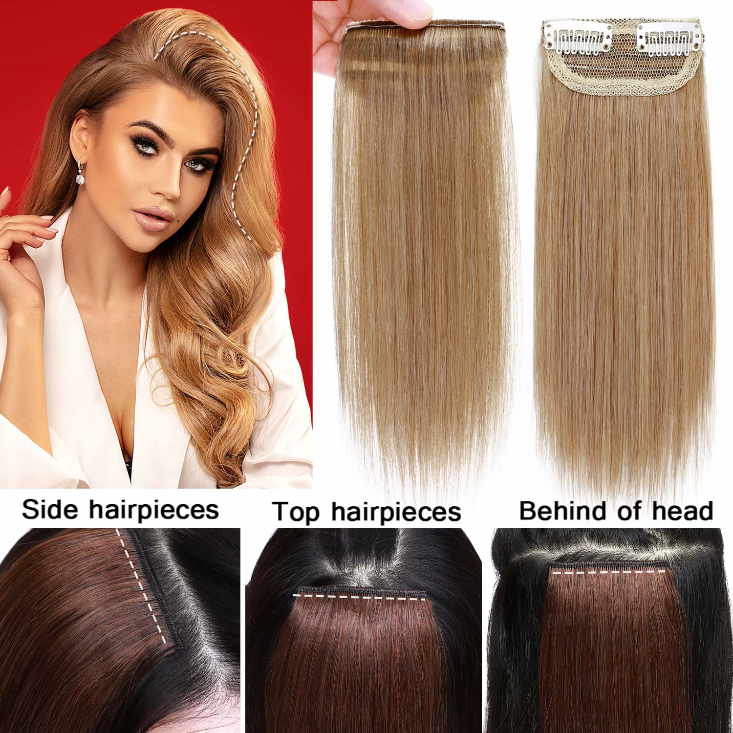 Benehair Clip in 100% Remy Human Hair Extensions Fluffy Hair Pad Invisible Hairpiece Topper Thickened Soft Thin Hair Black 2 Pieces