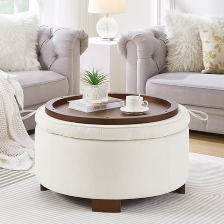 Miekor Round Storage Ottoman with Reversible Lid - Boucle Fabric Upholstered Footstool Hidden Storage Compartment Wooden Legs Dual-Purpose Seat & Side Table for Living Room Bedroom - IVORY No7291