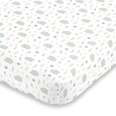 NoJo Super Soft Blue, Pink & Green Flower & Hedgehog Nursery Crib Fitted Sheet, Blue, Pink, Green, White