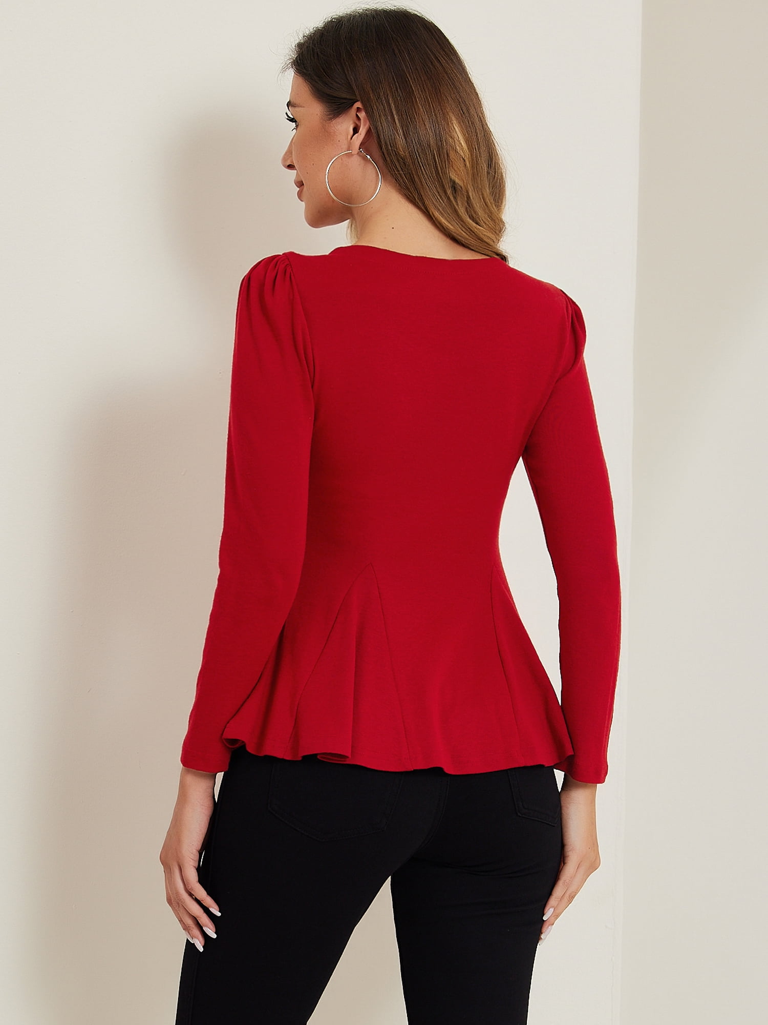 DARING DIVA Long Sleeve Scoop Neck Peplum Top M Red