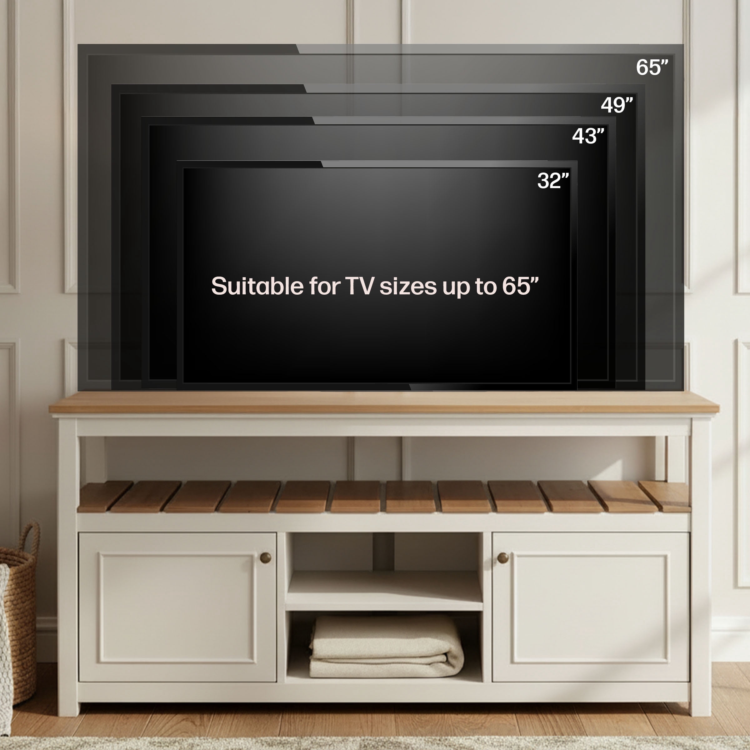 Alaterre Furniture Savannah TV Stand with Storage - Accommodates 60 Inch Flat Screen TVs - Entertainment Center - Coastal and Modern Farmhouse Living Room Furniture (Ivory)