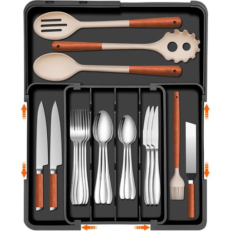 Silverware Organizer - Expandable Kitchen Drawer Organizer Utensil Drawer Organizer Adjustable Plastic Flatware and Cutlery Holder Kitchen Organizers Storage for Forks Knives Black