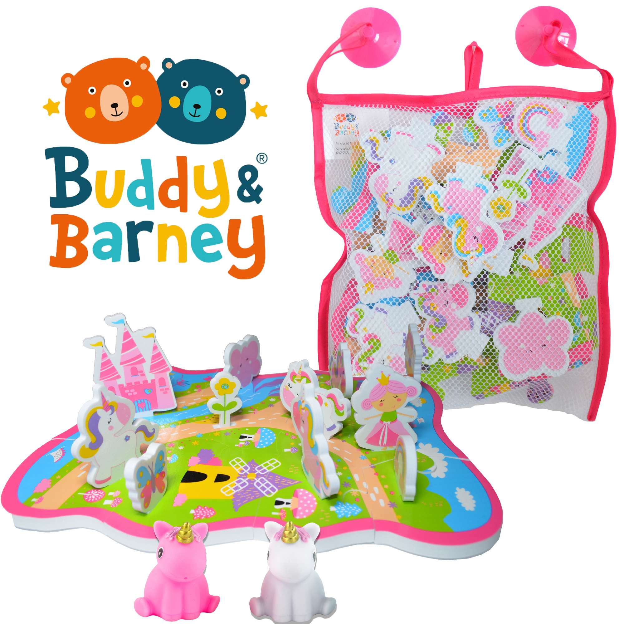 Buddy & Barney: Bath Time Unicorn World Activity Set - 27pc - Floating Jigsaw Activity Scene w/ Characters, Light-Up Unicorn, Water Squirter, Kids 3+