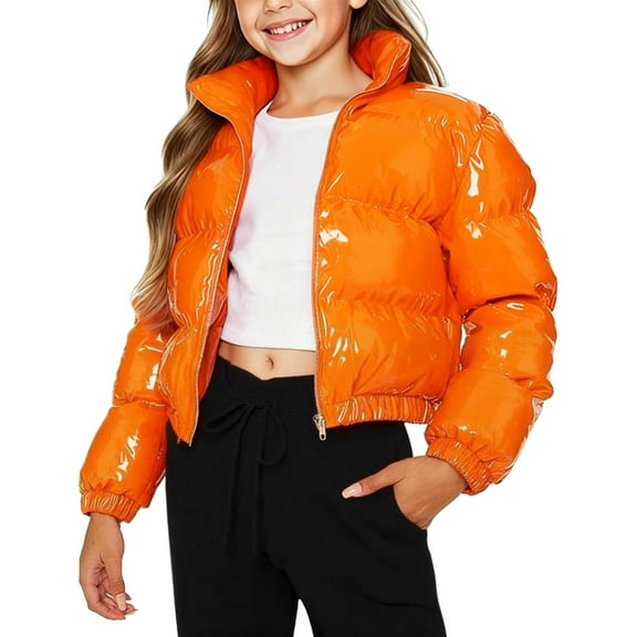 OGLCCG Girl's Cropped Puffer Jacket Stand Collar Shiny Metallic Zip Up Short Bubble Puffy Coats Winter Trendy Quilted Parkas Jackets 1-10 Years
