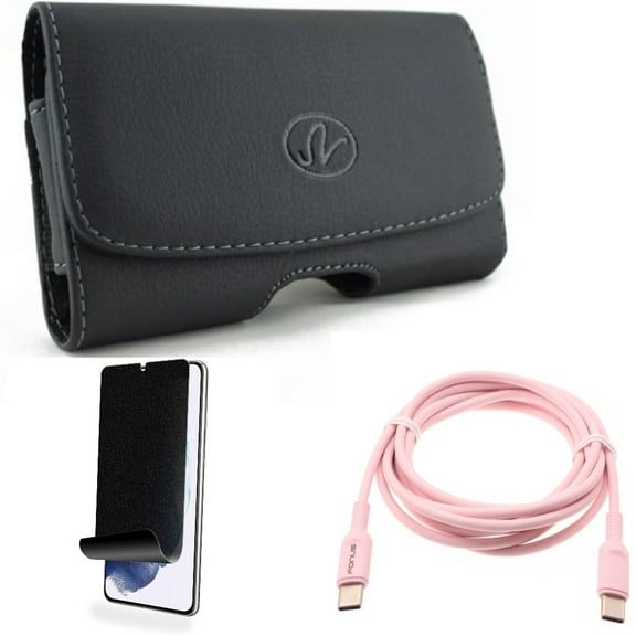 For Samsung Galaxy S21 (6.2") - Swivel Leather Case Belt Clip   [Fingerprint Works] TPU Film Privacy Screen Protector   PD Fast Charger USB-C to Type-C Pink 6ft Long Cable