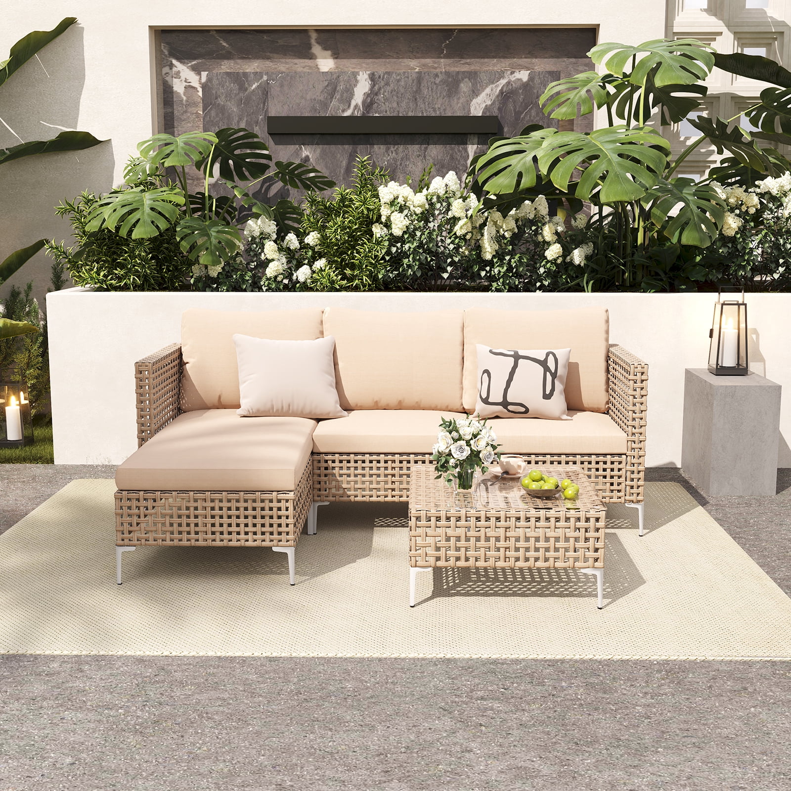 YHBINHUI 3 Piece Patio Furniture Set with Chaise Longue Outdoor Wicker Furnitrue Set (Yellow/Beige)