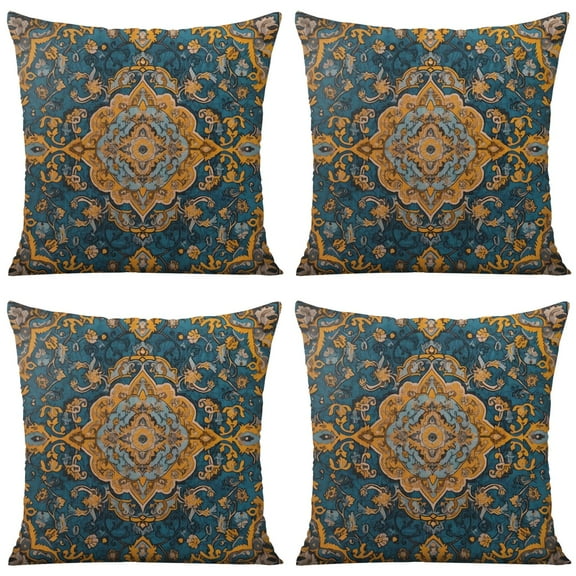 Boho Yellow Pattern Linen Ethnic Design Farmhouse Throw Pillow Covers 18 X 18 Inch, Set Of 4, Linen Study Sofa Cushion Cover Indoor Living Room Home Decor