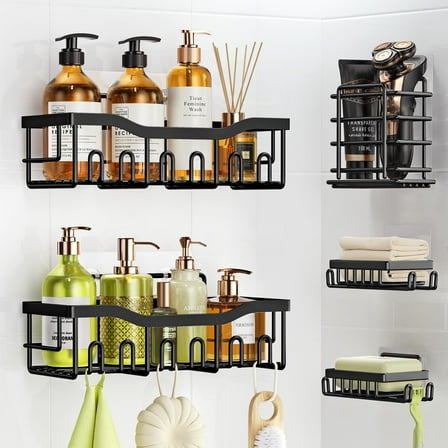 Henotian Shower Caddy 5 Pack Rustproof Stainless Steel Shower Shelves, No Drilling, Thickened Shower Caddy with Soap Holder and Hooks, Large Capacity Shower Shelf for Bathroom and Kitchen Black