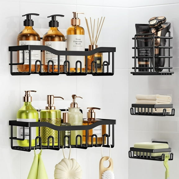 Henotian Shower Caddy 5 Pack Rustproof Stainless Steel Shower Shelves, No Drilling, Thickened Shower Caddy with Soap Holder and Hooks, Large Capacity Shower Shelf for Bathroom and Kitchen Black
