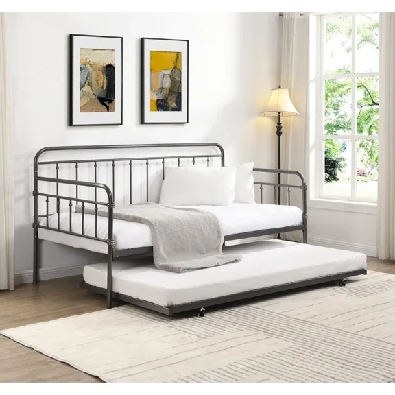 Retro Metal Daybed with Roll Out Trundle Bed, Living Room Sofabed, Gray