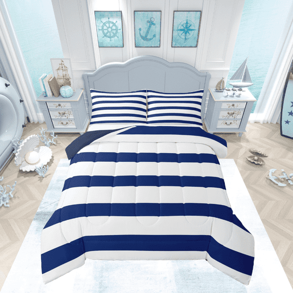 Manfei Geometric Stripes Comforter Sets Twin Size, Navy White Down Comforter, Teenager Boys Girls Reversible Bedding Twin Comforter Set, Microfiber Room Decorative, 2pcs