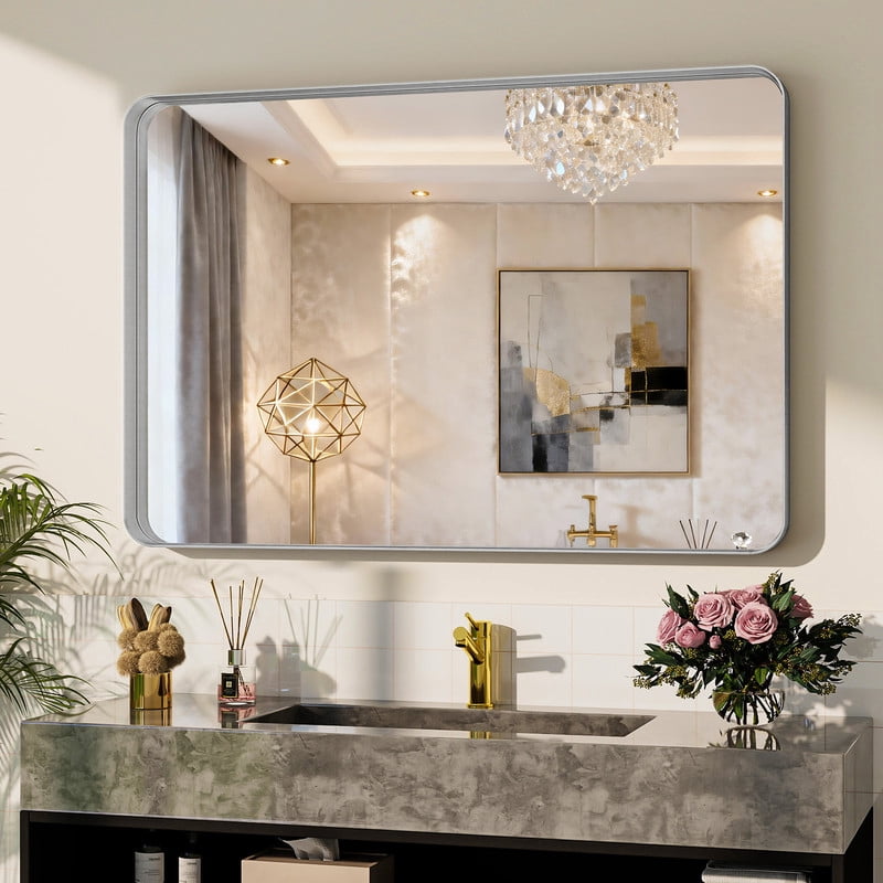 Easy4Home 50"x30" Extra Large Deep Frame Rounded Rectangle Bathroom Mirror Decor Vanity Mirror Wall Mounted,Silver