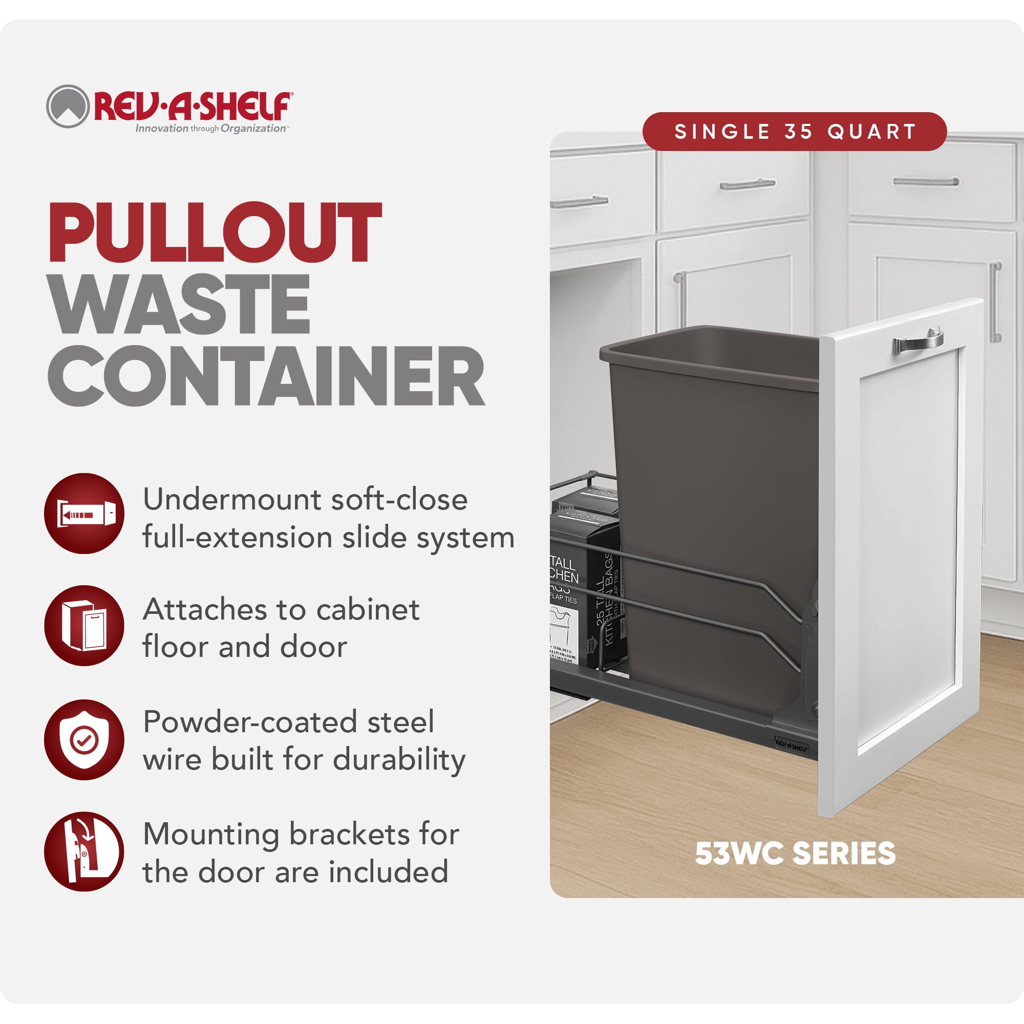 Rev-A-Shelf 53WC-1535SCDM-113 35 Qt Pullout Waste Container Trashcan, Gray
