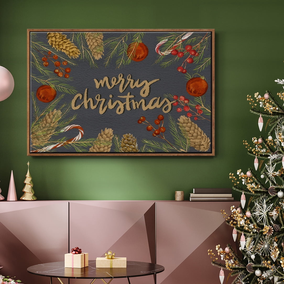 Holiday Sentiment I - Framed Gallery Wrapped Holiday Canvas - 17 x 25 - Rosewood Frame
