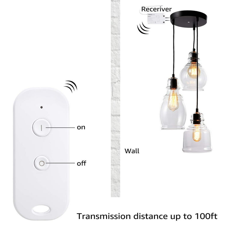 TORCHSTAR Wireless Light Switch and Receiver Kit, Simple Remote Control, On/ Off No Wire Switch for Tungsten, Incandescent, Filament, LED Lights, Lamps,  Signal Works up to 100ft RF Range 