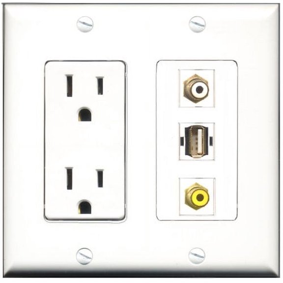 RiteAV - 15 Amp Power Outlet 1 Port RCA White 1 Port RCA Yellow 1 Port USB A-A Decorative Wall Plate