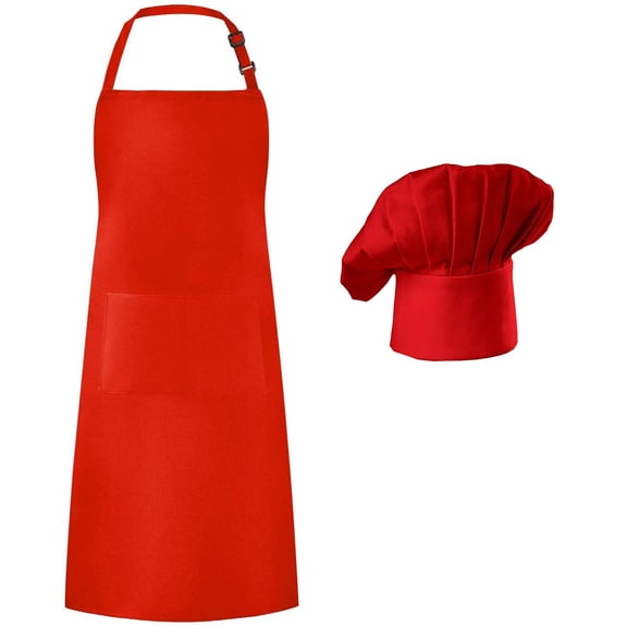 Hyzrz Chef Apron Set, Chef Hat and Kitchen Apron Adult Adjustable Apron with Butcher Hat Baker Costume Kitchen Pocket Apron for Men and Women (Red)