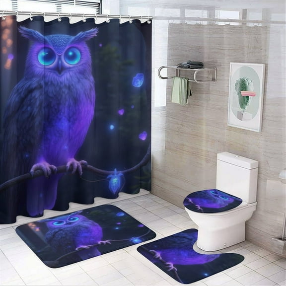 Magical Forest Owl Shower Curtain Sets Non-Slip Rugs Bath Mat Toilet Cover U Shaped Mat 4 Pcs