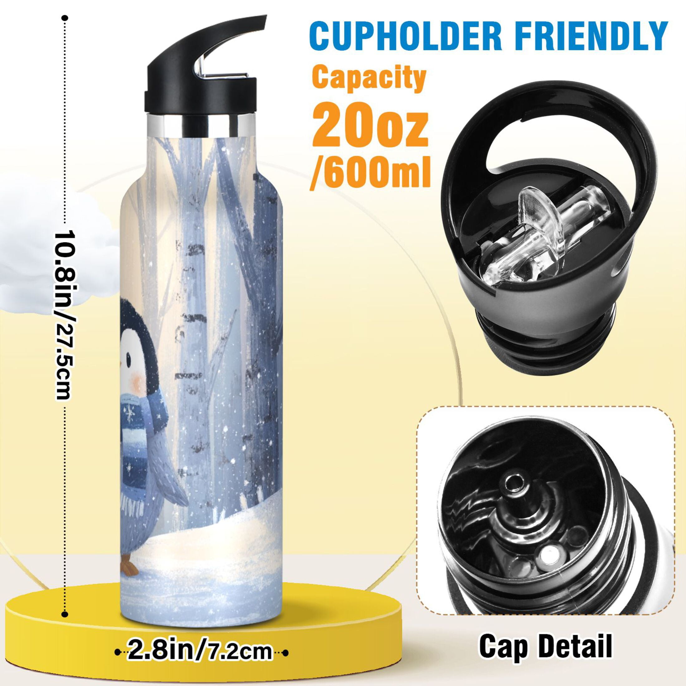 Kids Insulated Stainless Steel Sports Water Bottle 600ml (20oz) Cute Penguin in Winter