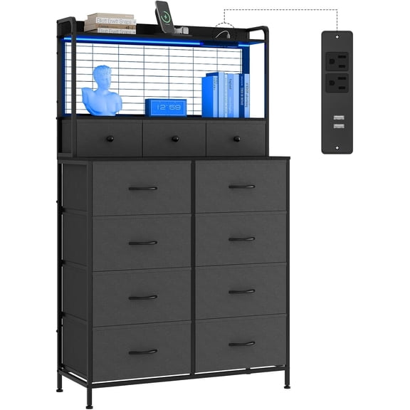 Smart Dresser with 11 Fabric Drawers, Built-in Charging Station & App-Controlled RGB LED Lighting - Industrial Storage Organizer with Anti-Tipping Design for Bedroom, Living Room, Closet, Grey
