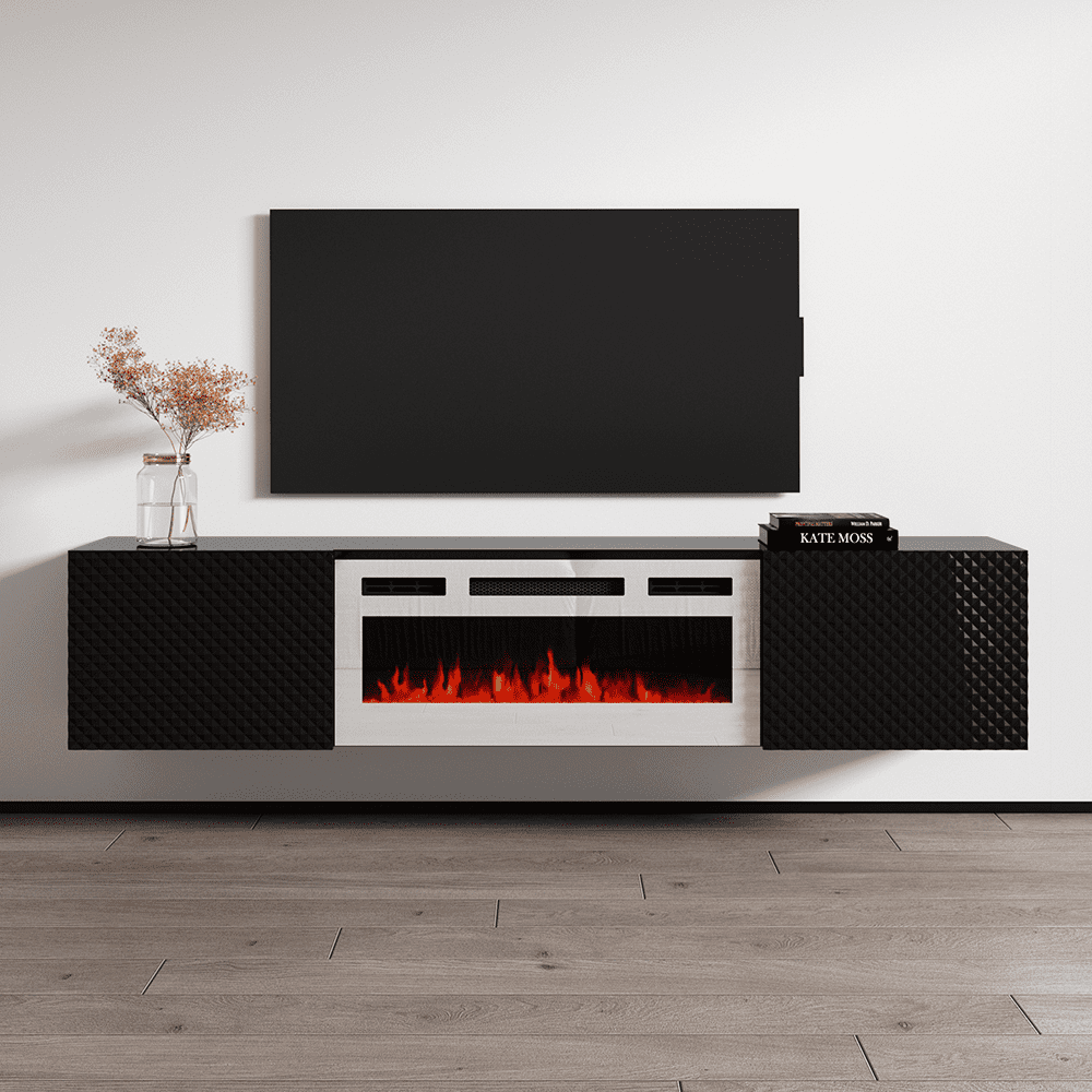 Carbon WHEF Floating Fireplace TV Stand for TVs up to 80", Modern High Gloss 71" Entertainment